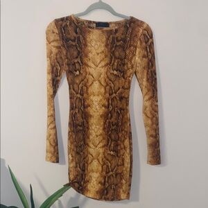 Brown and Tan Long Sleeve Dress with Snakeskin Pattern